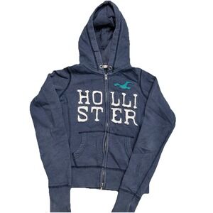 Y2K Hollister Women's Zip Hoodie Vintage 2000s Navy Small Embroidered